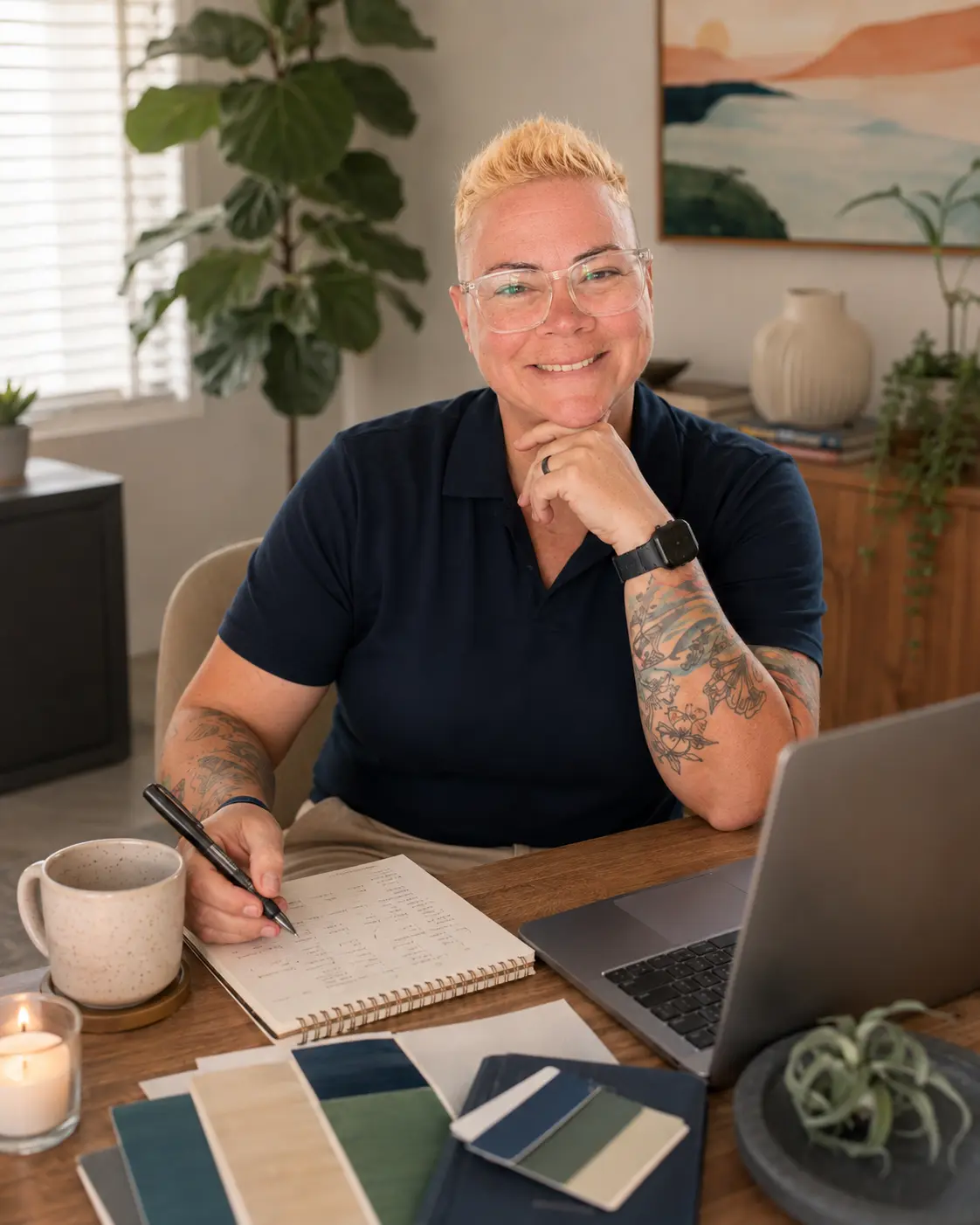Coach Juli at her desk with a notebook and laptop